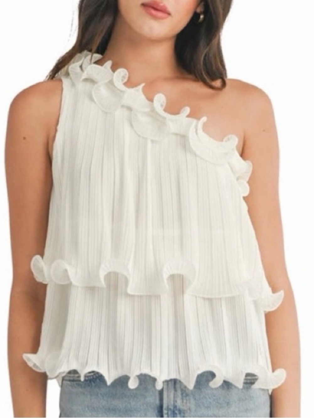 Lush White One-Shoulder Ruffle Pleated Camisole